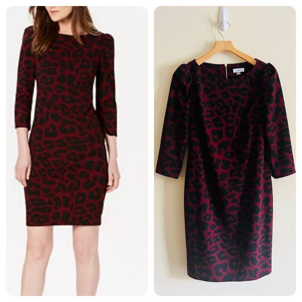 Calvin Klein Women's Deep Red Black Animal Printed Sheath Dress Sz 12 Large